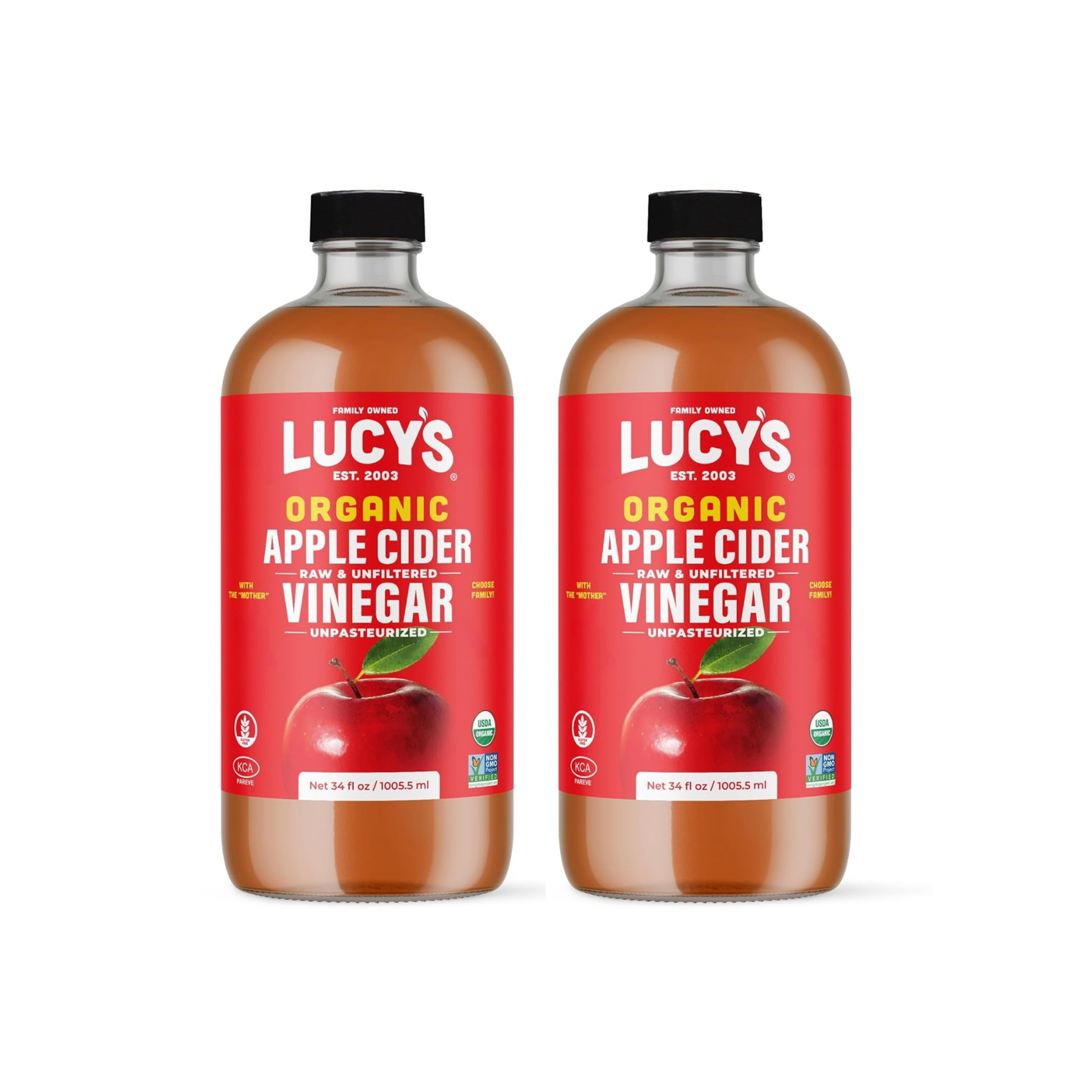 Lucy's Family Owned - 34oz. GLASS BOTTLE (2 PACK) Organic, With the Mother, Apple Cider Vinegar, Unfiltered, Unpasteurized, Raw, and NonGMO