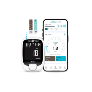 KETO-MOJO GK+ Bluetooth Glucose & Ketone Testing Kit + Free APP for Ketosis & Diabetes Support. 20 Blood Test Strips (10 Each), Meter, 20 Lancets, Lancing Device, and Control Solutions